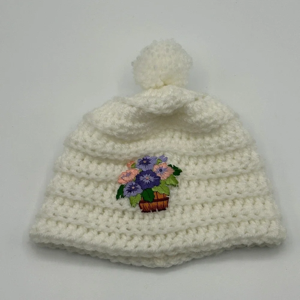 Handmade Ivory Crochet Newborn Baby Girl Winter Beanie Embroidered Flower Basket